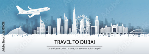 Travel advertising with travel to Dubai concept with panorama view of city skyline and world famous landmarks in paper cut style vector illustration.