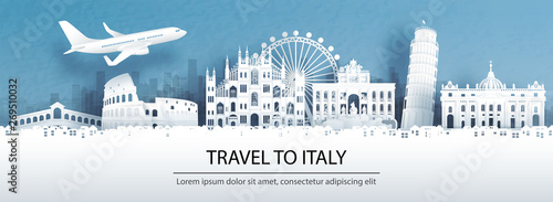 Photo Travel advertising with travel to Italy concept with panorama view of city skyline and world famous landmarks in paper cut style vector illustration