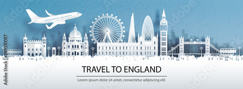 Travel advertising with travel to England concept with panorama view of London city skyline and world famous landmarks in paper cut style vector illustration.