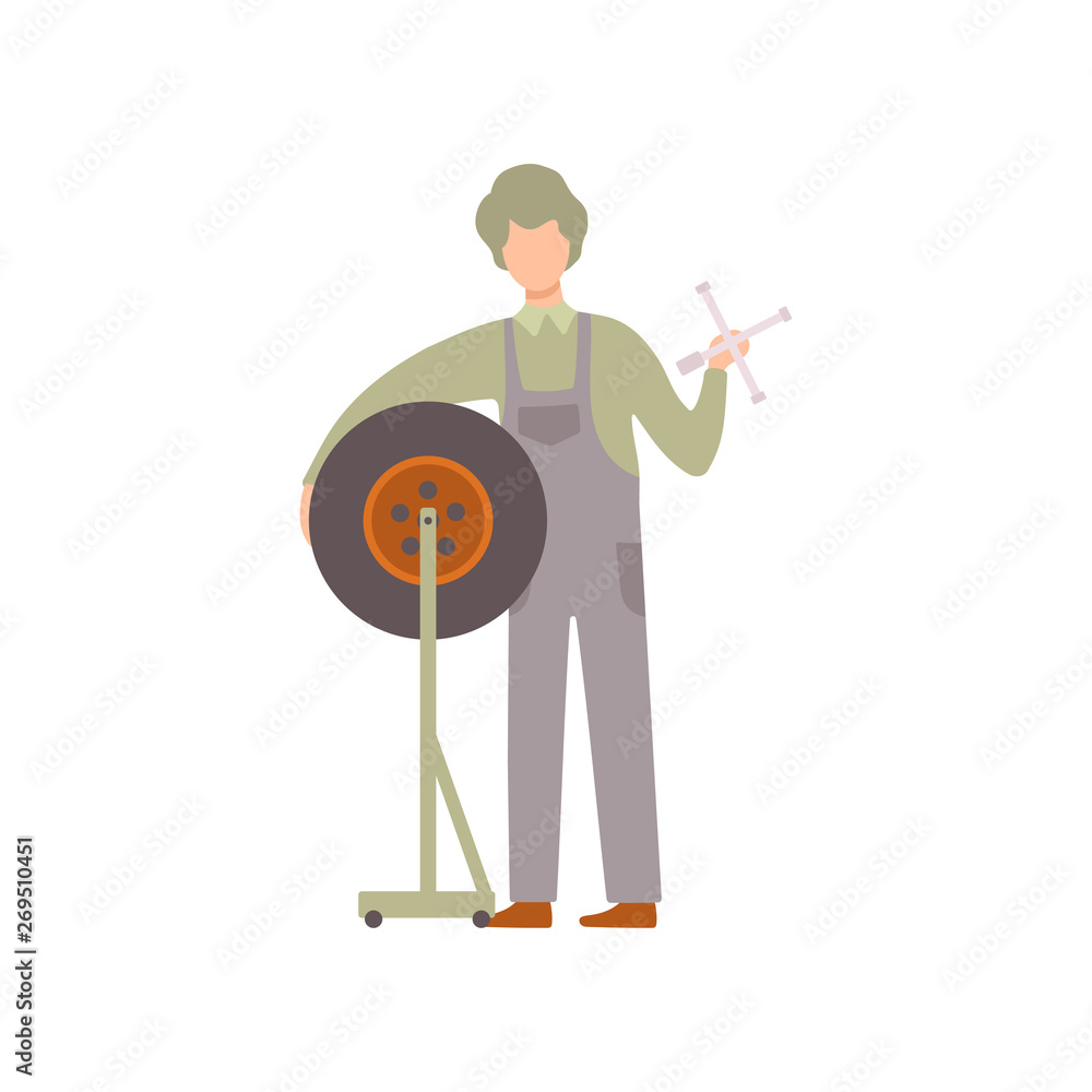 Professional Repairman with Tire, Auto Mechanic Character Working In Car Repair Service Vector Illustration