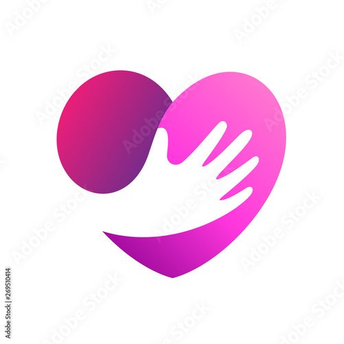 love and care logo icon, heart with hand shape logo design