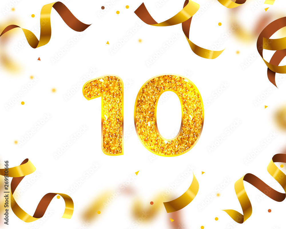 Fototapeta premium Anniversary Banner 10th, Gold Ribbon Fly. Vector