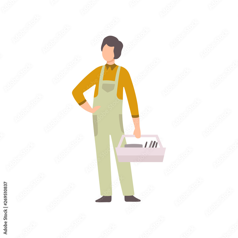 Professional Repairman with Toolbox, Auto Mechanic Character in Uniform Working In Car Repair Service Vector Illustration Professional Repairman with Toolbox, Auto Mechanic Character in Uniform Working In Car Repair Service Vector Illustration