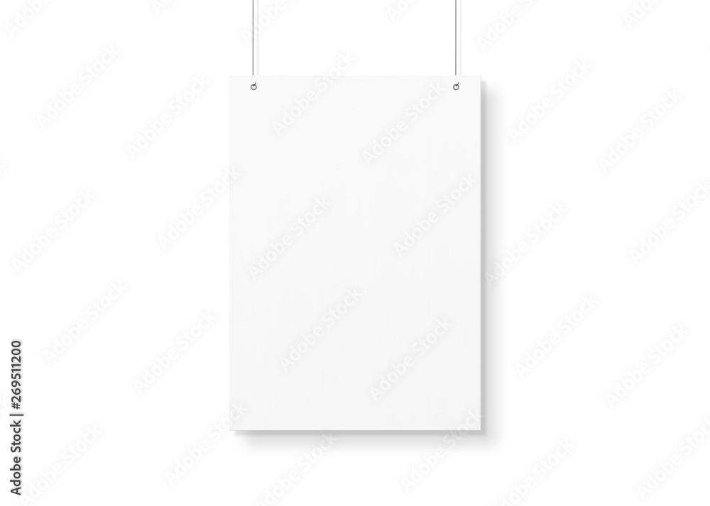 White poster isolated hanging by strings on wall mockup 3D rendering White poster isolated hanging by strings on wall mockup 3D rendering