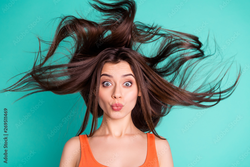 Close up photo amazing beautiful her she lady send air kisses friends weekend vacation wind blowing hair flight healthy condition wear casual orange tank-top isolated bright teal turquoise background - obrazy, fototapety, plakaty 