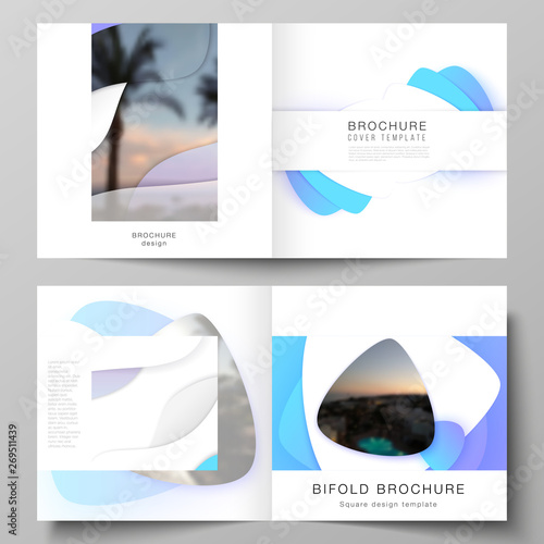 The vector illustration layout of two covers templates for square design bifold brochure, magazine, flyer, booklet. Blue color gradient abstract dynamic shapes, colorful geometric template design.