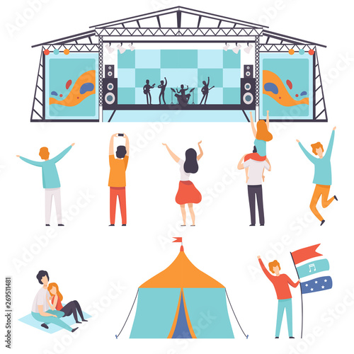 Open Air Festival Set, Music Band Performing on Stage, People Dancing, Cheering, Partying in Camping Park Vector Illustration