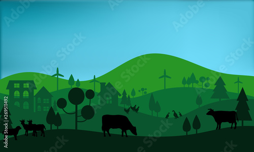 Landscape with animals farm. Farm animals and design elements.