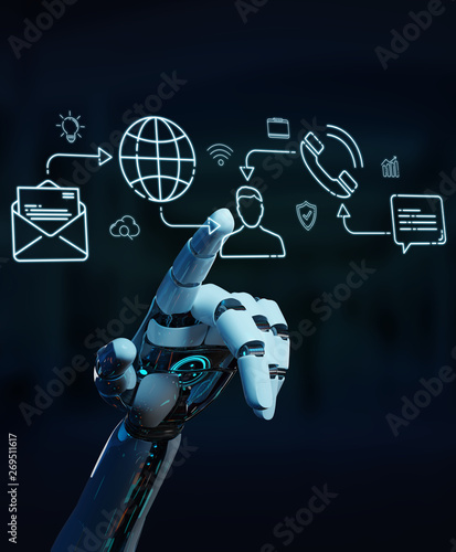 White robot controlling social network icons interface