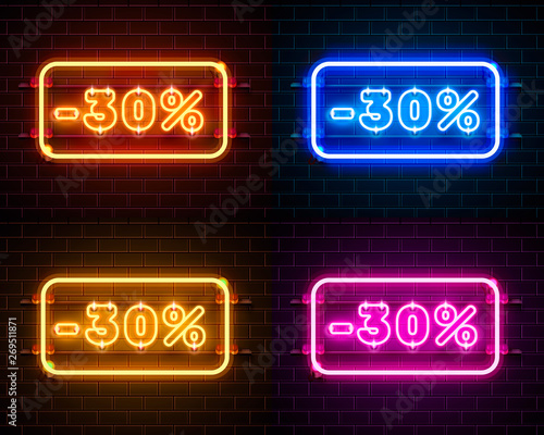 Neon 30 off text banner color set. Night Sign. Vector