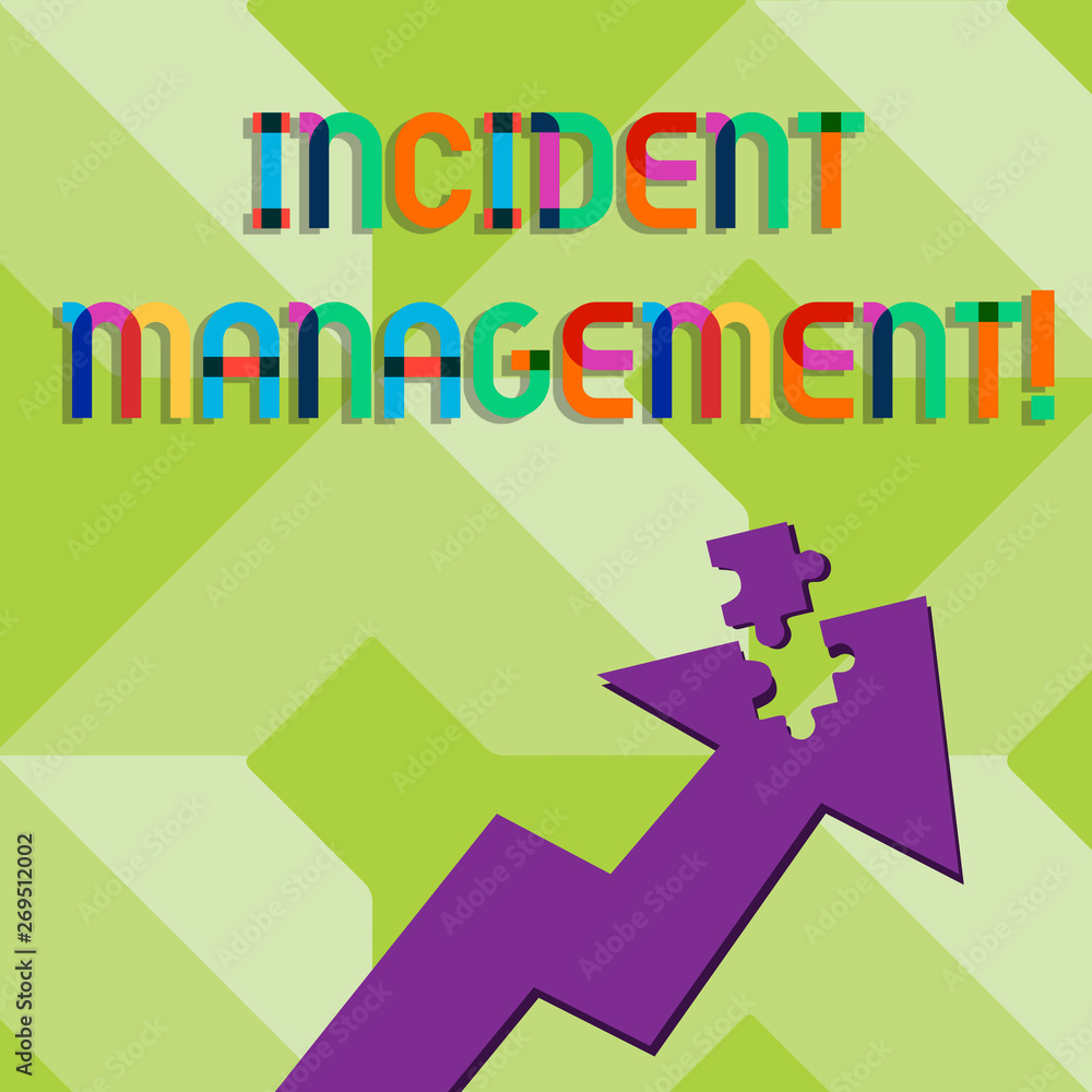 Handwriting text writing Incident Management. Conceptual photo Activities of a company to identify and correct hazards Colorful Arrow Pointing Upward with Detached Part Like Jigsaw Puzzle Piece