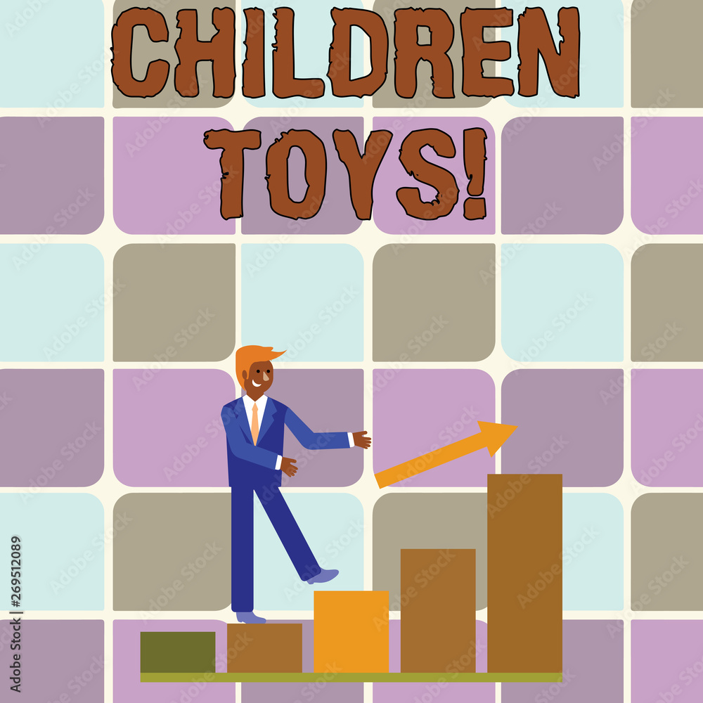 Handwriting text writing Children Toys. Conceptual photo An object that children play with to develop their motor skill Smiling Businessman Climbing Colorful Bar Chart Following an Arrow Going Up Handwriting text writing Children Toys. Conceptual photo An object that children play with to develop their motor skill Smiling Businessman Climbing Colorful Bar Chart Following an Arrow Going Up