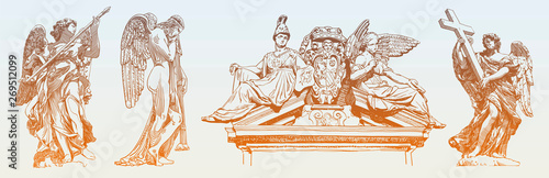 set of original sketch digital drawing of marble statue
