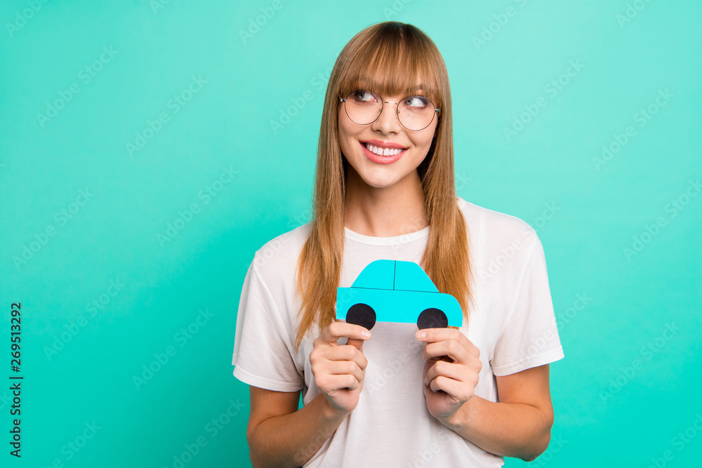 Close up photo beautiful she her lady arms hands paper taxi car look dreamy empty space advising use user best speed fast service wear specs casual white t-shirt isolated teal green background Close up photo beautiful she her lady arms hands paper taxi car look dreamy empty space advising use user best speed fast service wear specs casual white t-shirt isolated teal green background