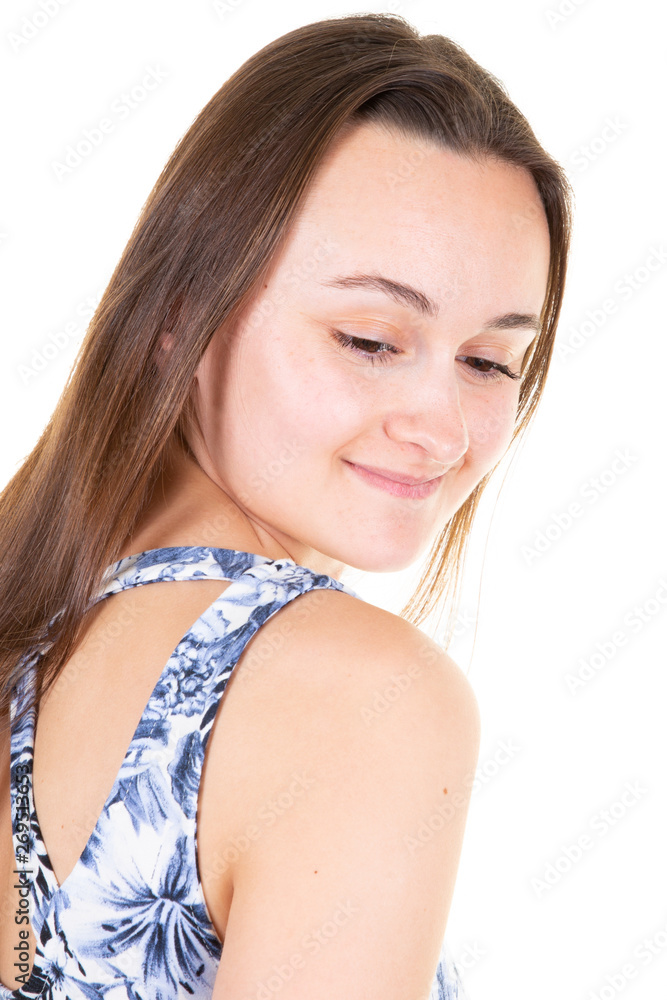 Young beautiful woman thinking pensive looking down isolated over white background Young beautiful woman thinking pensive looking down isolated over white background