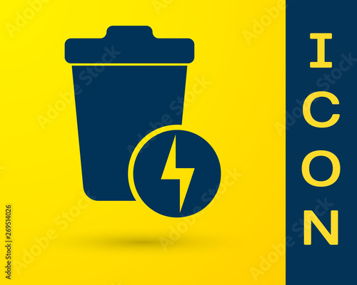 Blue Lightning with trash can icon isolated on yellow background. Waste to energy. Garbage bin sign. Recycle basket sign. Vector Illustration