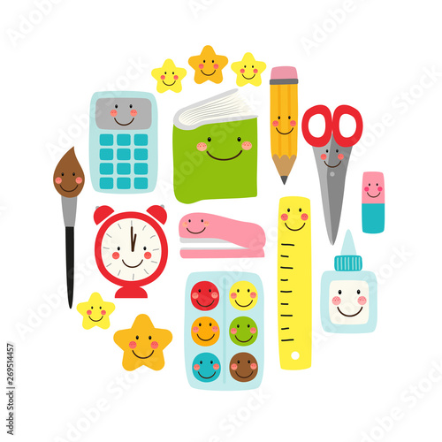 Cute Back to school banner design with colorful funny cartoon characters, education theme background
