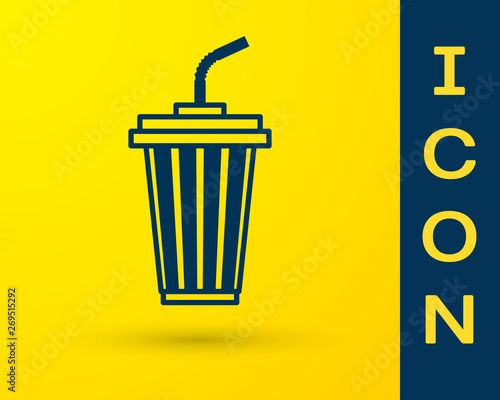 Blue Glass with water icon isolated on yellow background. Soda drink glass with drinking straw. Fresh cold beverage symbol. Vector Illustration