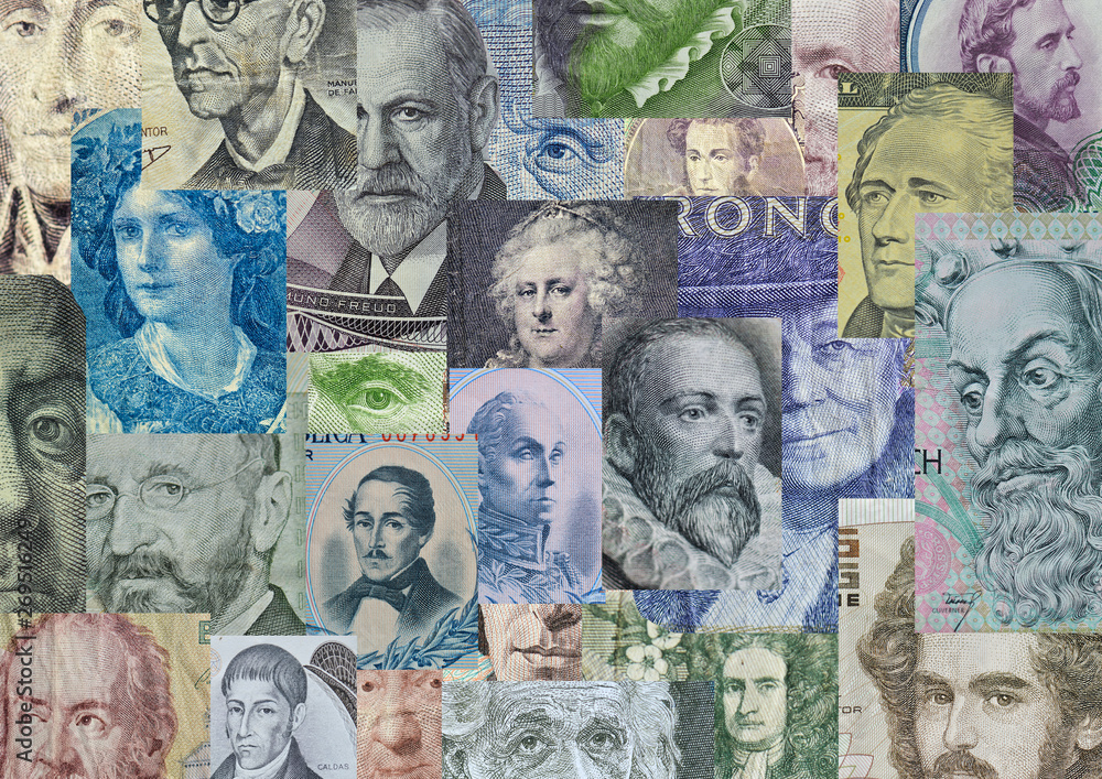 Collection of famous people in history printed on banknotes