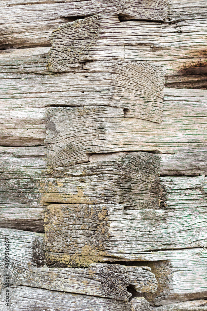 Close-up of wood corner and pattern on the side of an old log Close-up of wood corner and pattern on the side of an old log