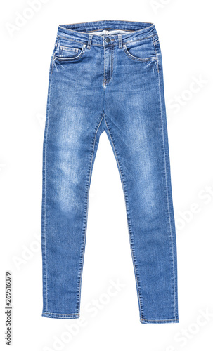 Stylish jeans pants on white background