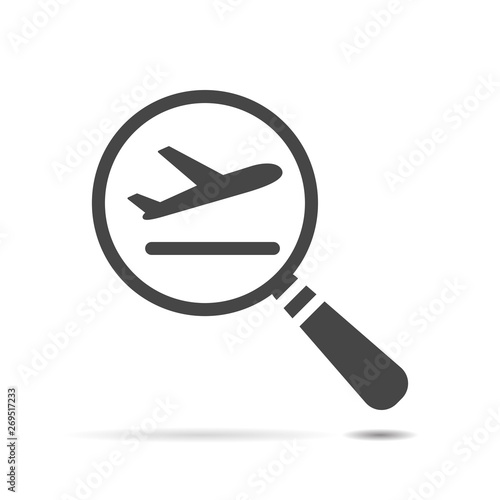 airport plane departure icon with magnifying glass on white background, search air flight sign flat
