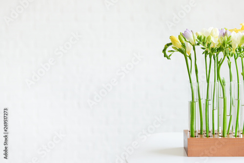 Beautiful freesia flowers on table against light background