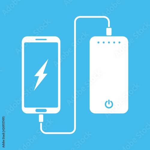 white flat minimal icon of phone charging from portable battery or powerbank on blue background