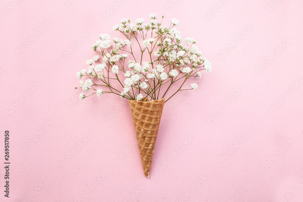 Gypsophila in a horn of ice cream on a pink background