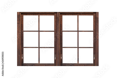 Japanese style brown wooden window frame isolated on white background