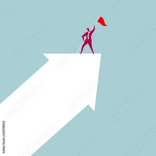 Businessman occupied the top of the arrow. Isolated on blue background.