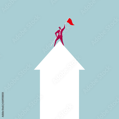 Businessman occupied the top of the arrow. Isolated on blue background.