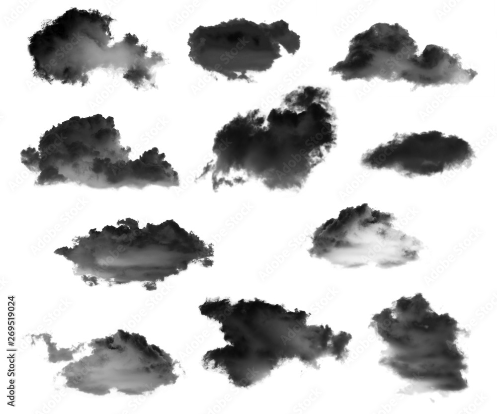 Collection of black clouds or black smoke isolated on white background