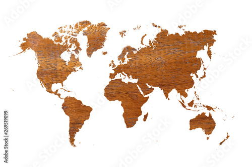 world map on brown wood background