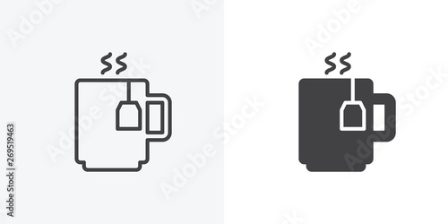 Tea mug with tea bag icon. line and glyph version, outline and filled vector sign. Hot tea cup linear and full pictogram. Cafe breakfast symbol, logo illustration. Different style icons set