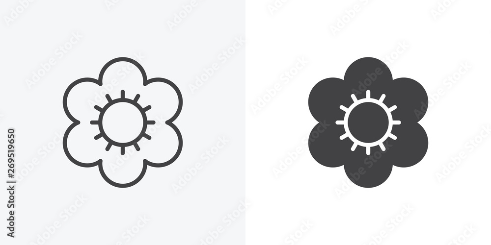Flower petals icon. line and glyph version, Blooming flower outline and filled vector sign. linear and full pictogram. Symbol, logo illustration. Different style icons set Flower petals icon. line and glyph version, Blooming flower outline and filled vector sign. linear and full pictogram. Symbol, logo illustration. Different style icons set