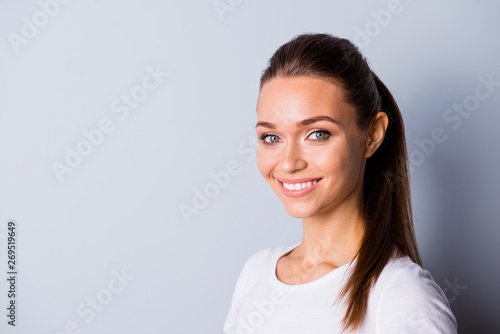 Fotografie Close up photo beautiful attractive she her lady perfect ideal teeth self-confid