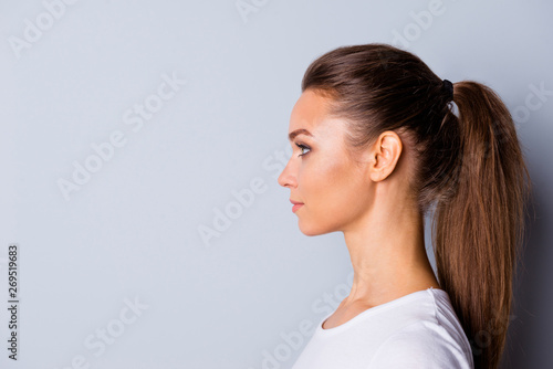 Close up side profile photo beautiful amazing she her lady perfect ideal appearance look empty space imaginary flight listen good news wear casual white t-shirt isolated grey background