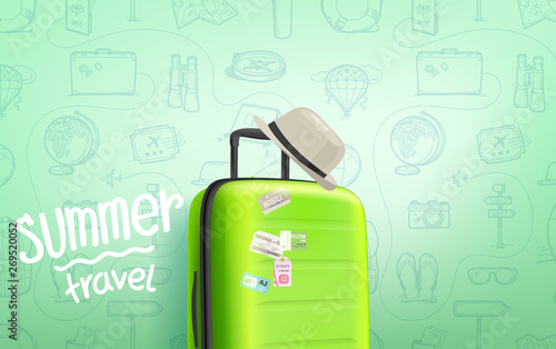 Summer travel vector concept. Composition with travel bag and lettering logo