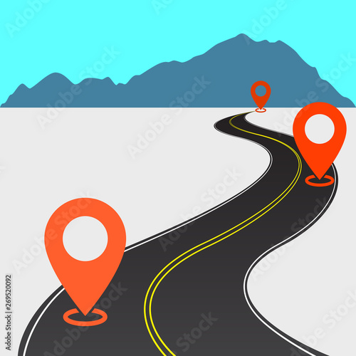 abstract curved asphalt road with double yellow line in middle and orange tags on it and mountains