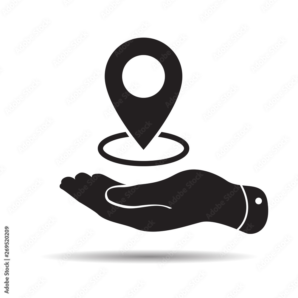 Flat Line design graphic image concept of hand showing black map pointer icon on white background Flat Line design graphic image concept of hand showing black map pointer icon on white background