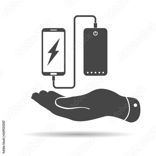 Flat minimal design graphic image concept of  hand showing phone charging from portable battery or powerbank icon on white background