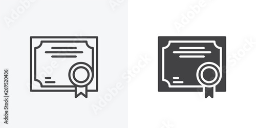 Quality certificate icon. line and glyph version, Business Certificate outline and filled vector sign. linear and full pictogram. Symbol, logo illustration. Different style icons set photo