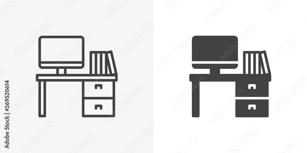 Office workspace desk icon. Computer table with folders line and glyph version, outline and filled vector sign. linear and full pictogram. Symbol, logo illustration. Different style icons set