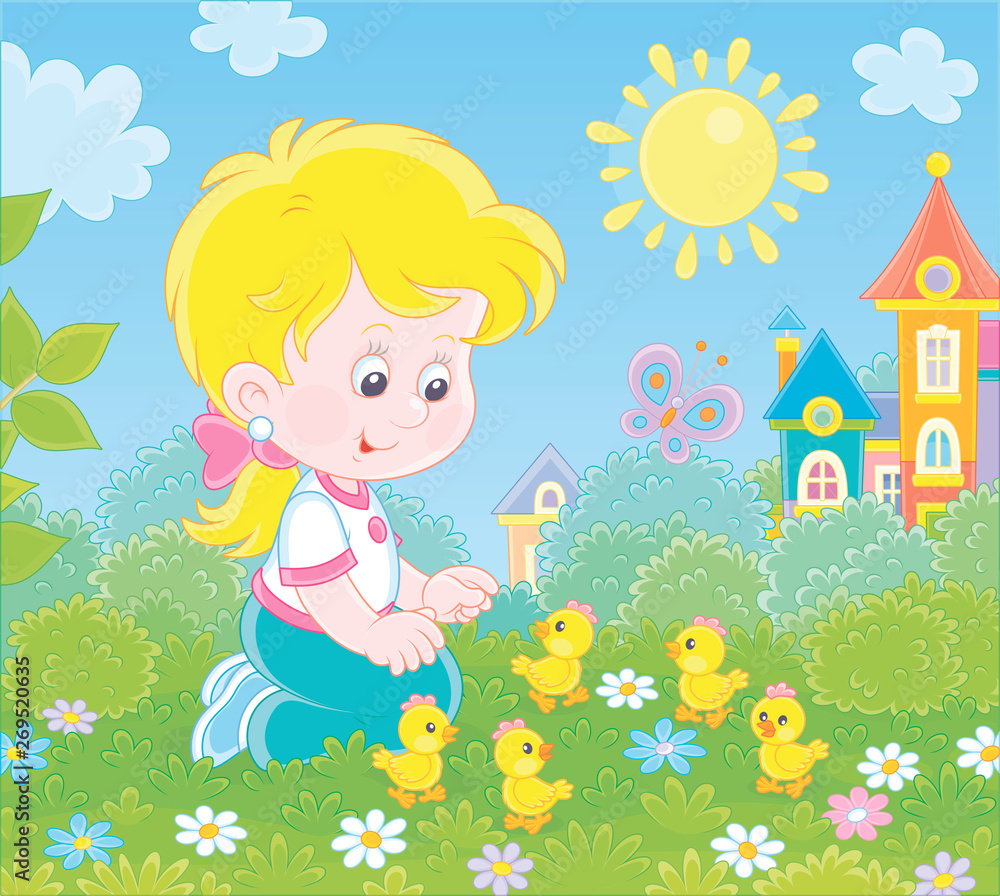 Little girl playing with small yellow chicks among flowers on green grass on a sunny summer day, vector illustration in a cartoon style Little girl playing with small yellow chicks among flowers on green grass on a sunny summer day, vector illustration in a cartoon style