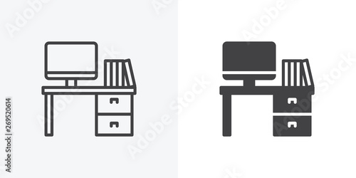 Office workspace desk icon. Computer table with folders line and glyph version, outline and filled vector sign. linear and full pictogram. Symbol, logo illustration. Different style icons set