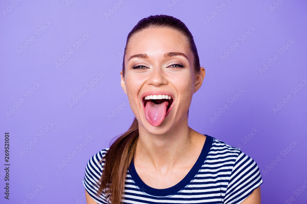 Close up photo of charming cute youngster lady make faces scream delighted content glad candid satisfied fool dressed fashionable youth outfit isolated violet background Close up photo of charming cute youngster lady make faces scream delighted content glad candid satisfied fool dressed fashionable youth outfit isolated violet background
