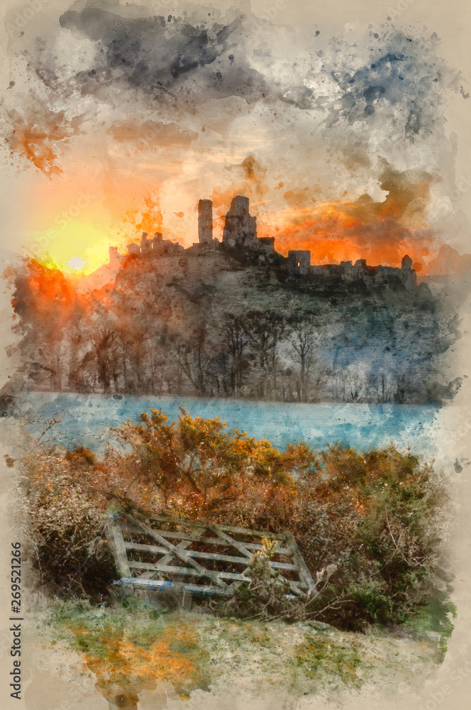Watercolour painting of Corfe Castle Dorset Winter sunrise.