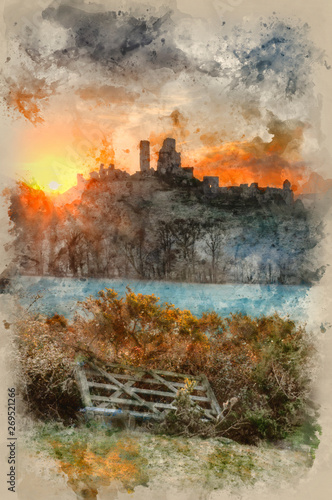 Watercolour painting of Corfe Castle Dorset Winter sunrise.