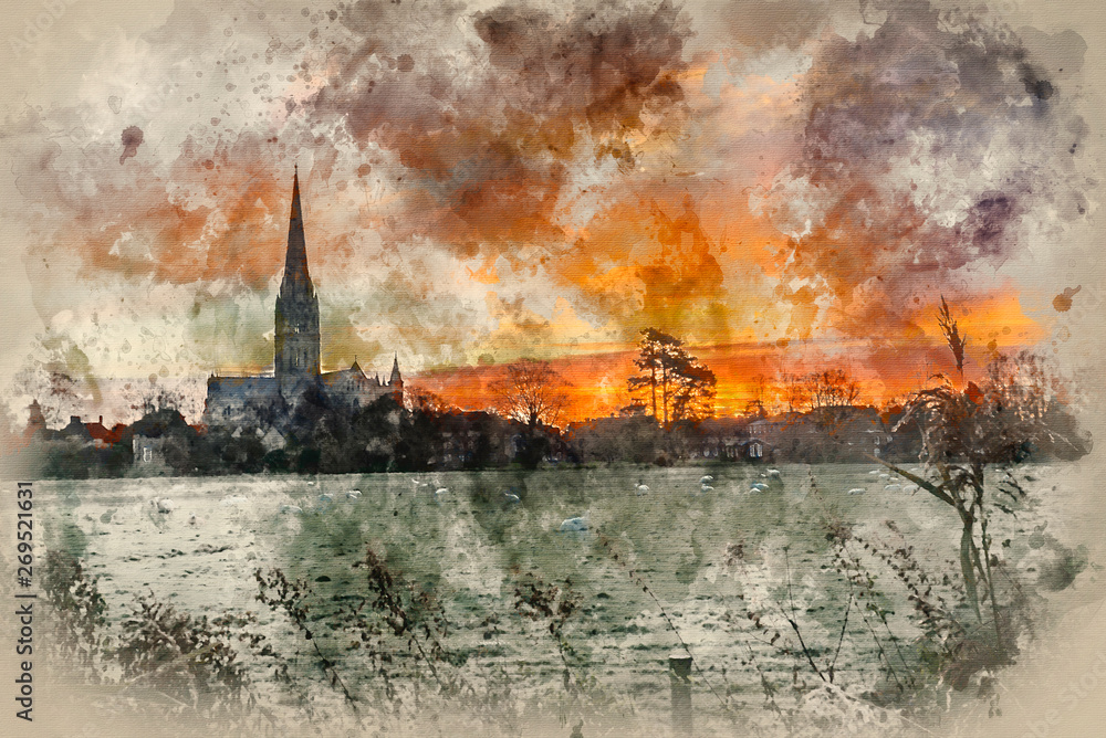 Watercolor painting of Winter frosty sunrise landscape Salisbury cathedral city in England
